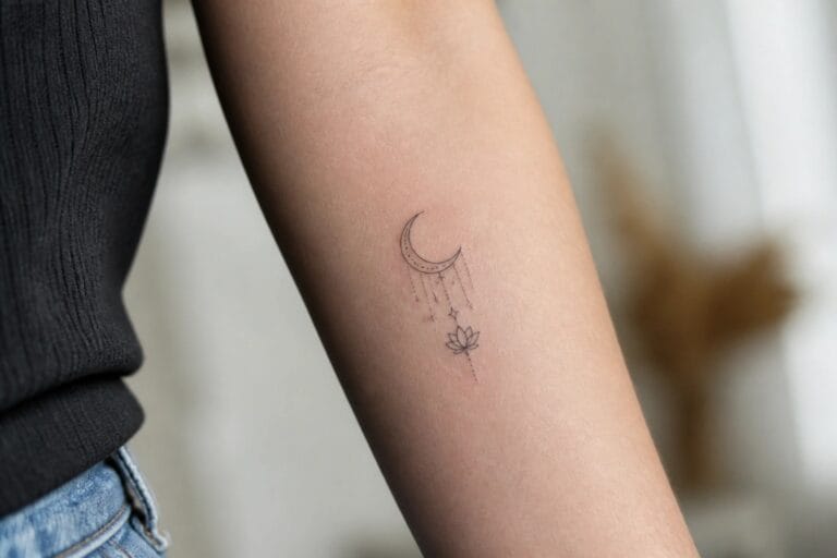 20 Spiritual Tattoo Ideas Inspired by Divine Feminine Energy and Personal Growth Arm with delicate black line tattoo of crescent moon, stars and lotus flower