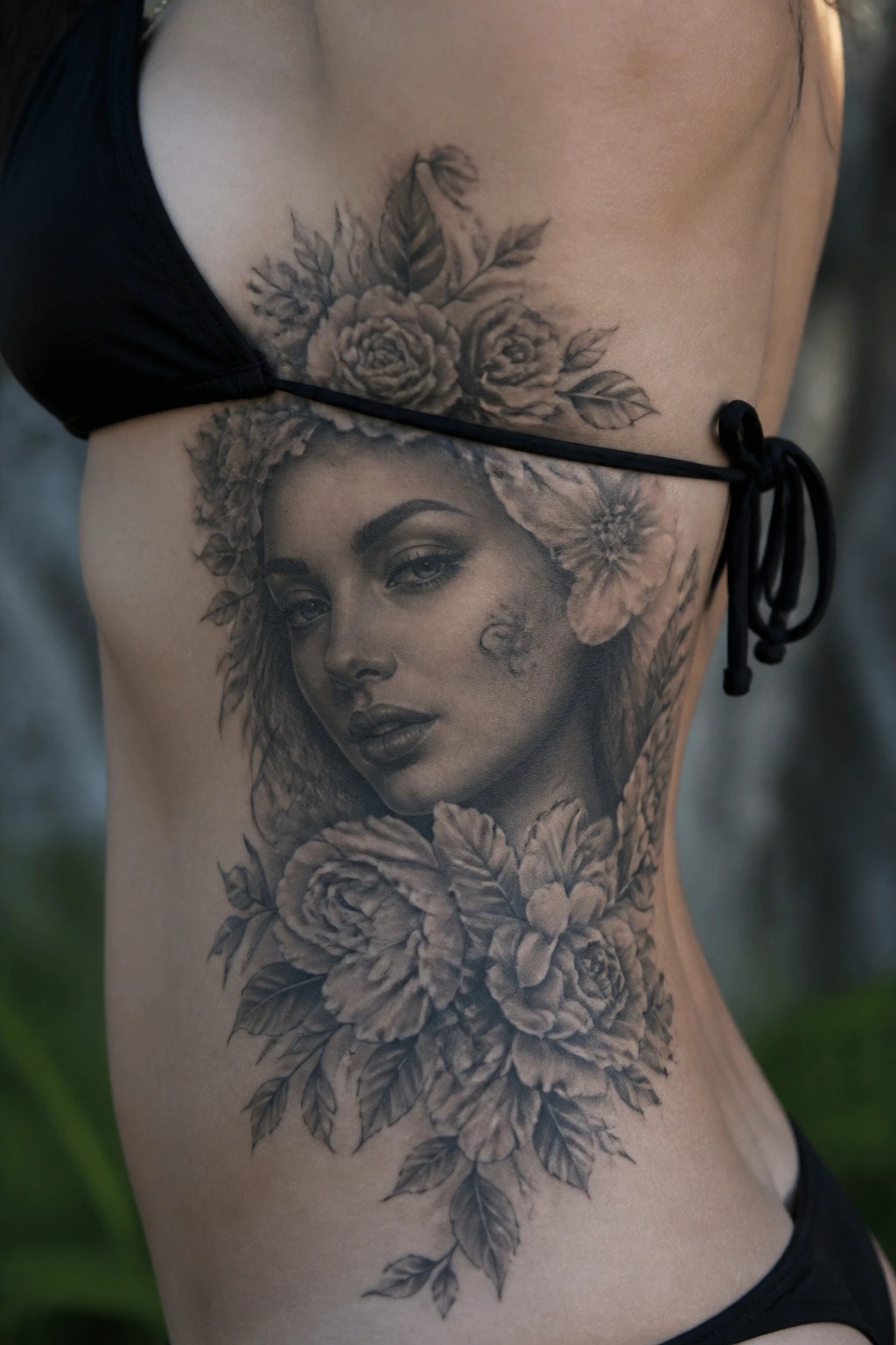 Black bikini top on torso with large black-and-gray floral woman's face tattoo