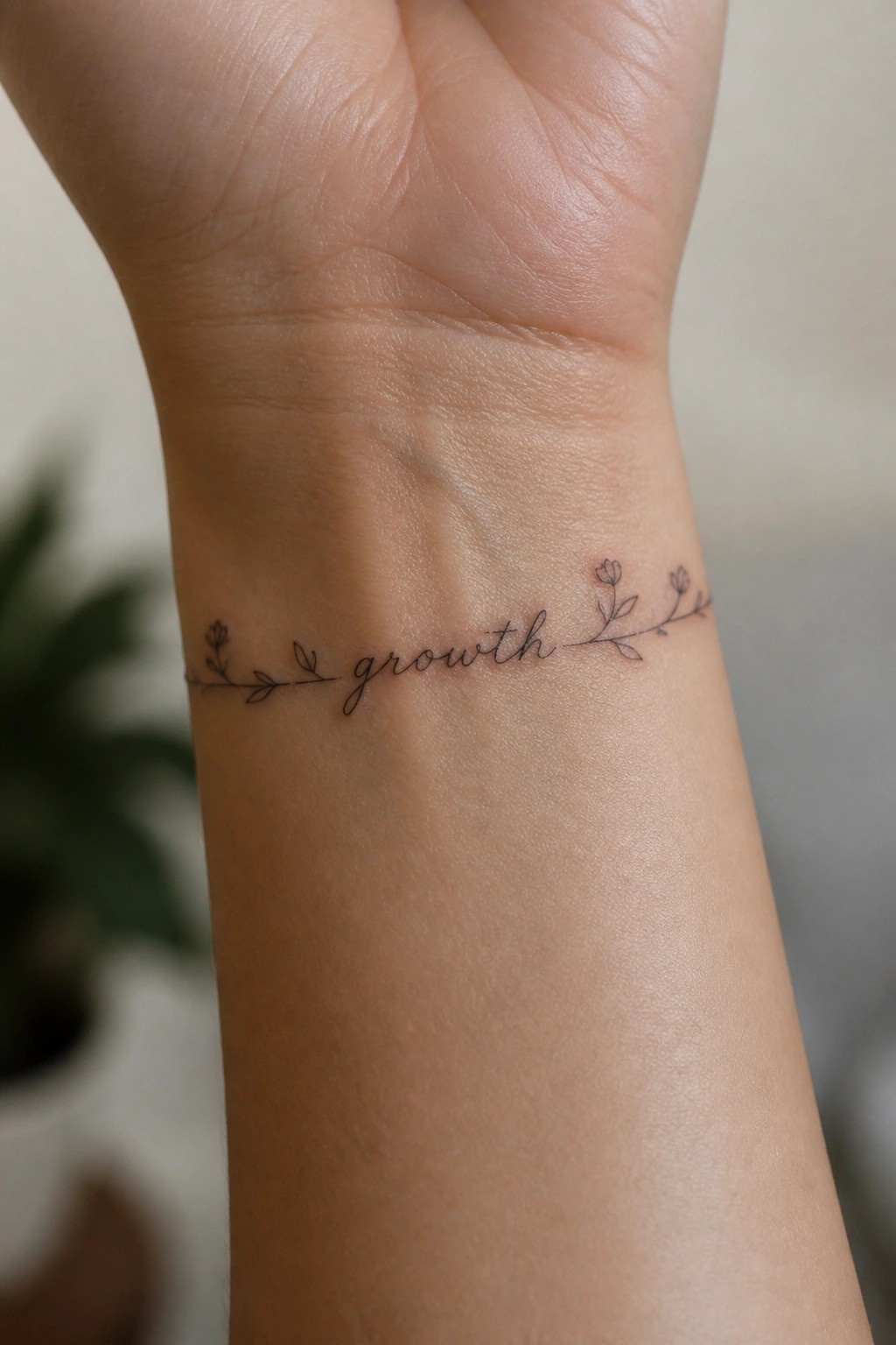 Wrist tattoo in black cursive spelling