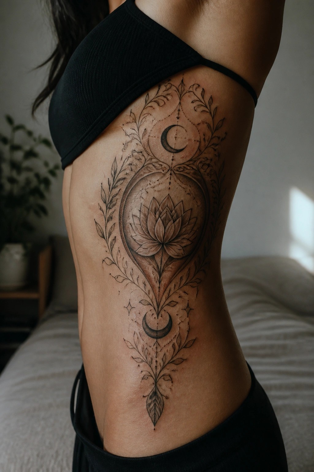 Fine line black and grey tattoo of a lotus flower with crescent moons and leafy vines running down the side of a torso.
