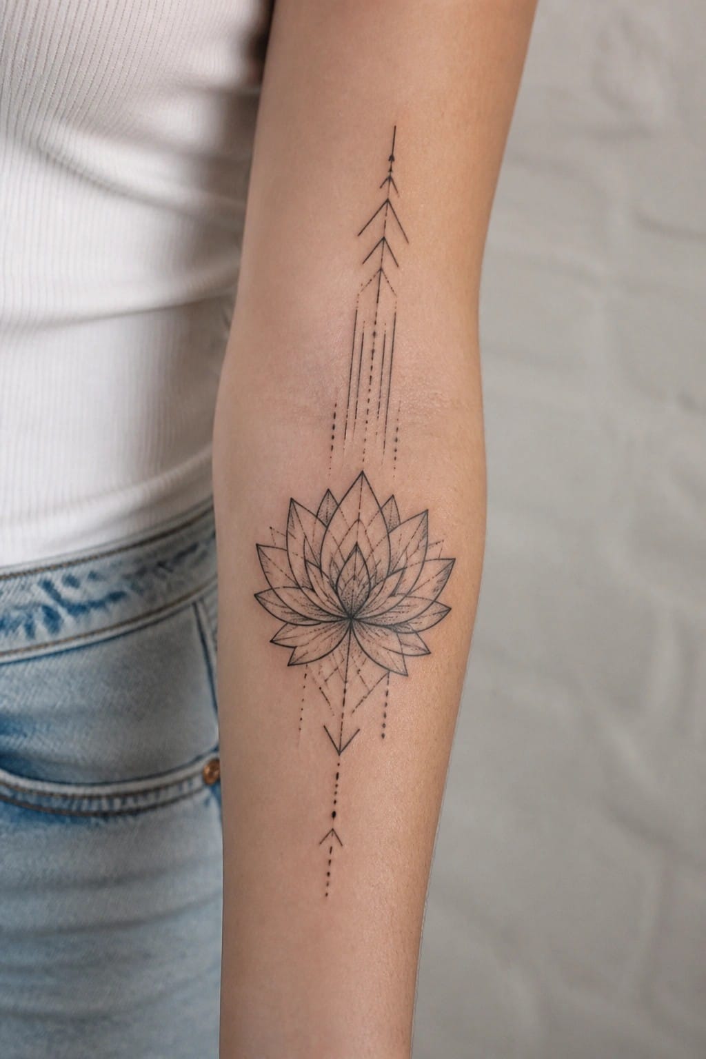 Lotus flower tattoo with arrows and dotted lines on forearm in white top
