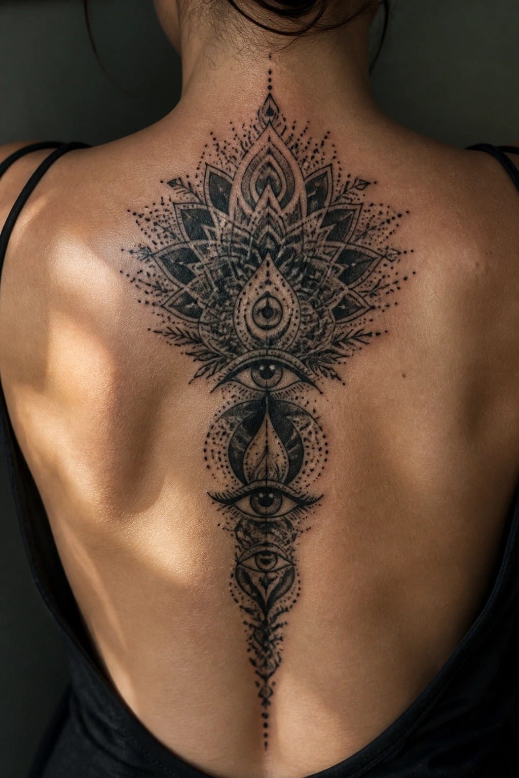 Black mandala tattoo with eyes placed vertically along the spine on a woman's back