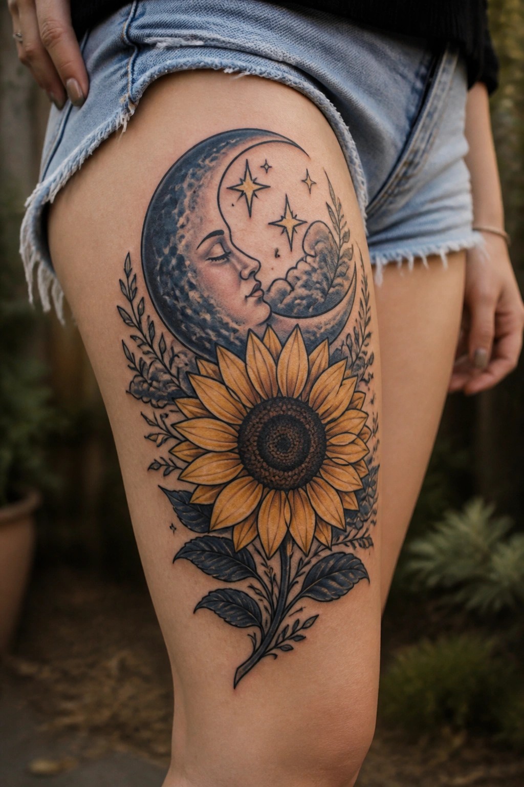 Thigh tattoo of crescent moon with face and large yellow sunflower under denim shorts