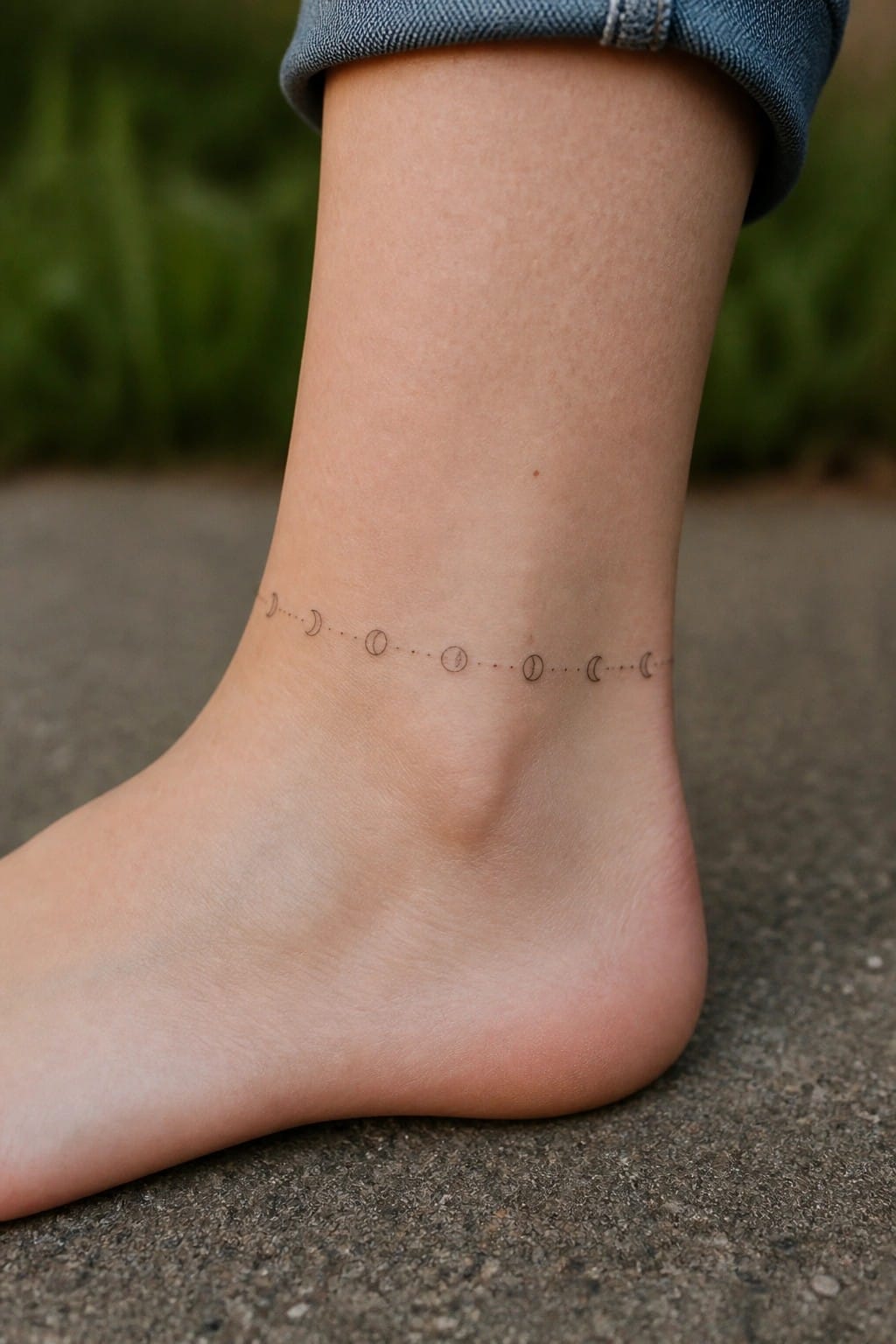 Moon phases tattoo on bare ankle under rolled blue denim jeans on pavement