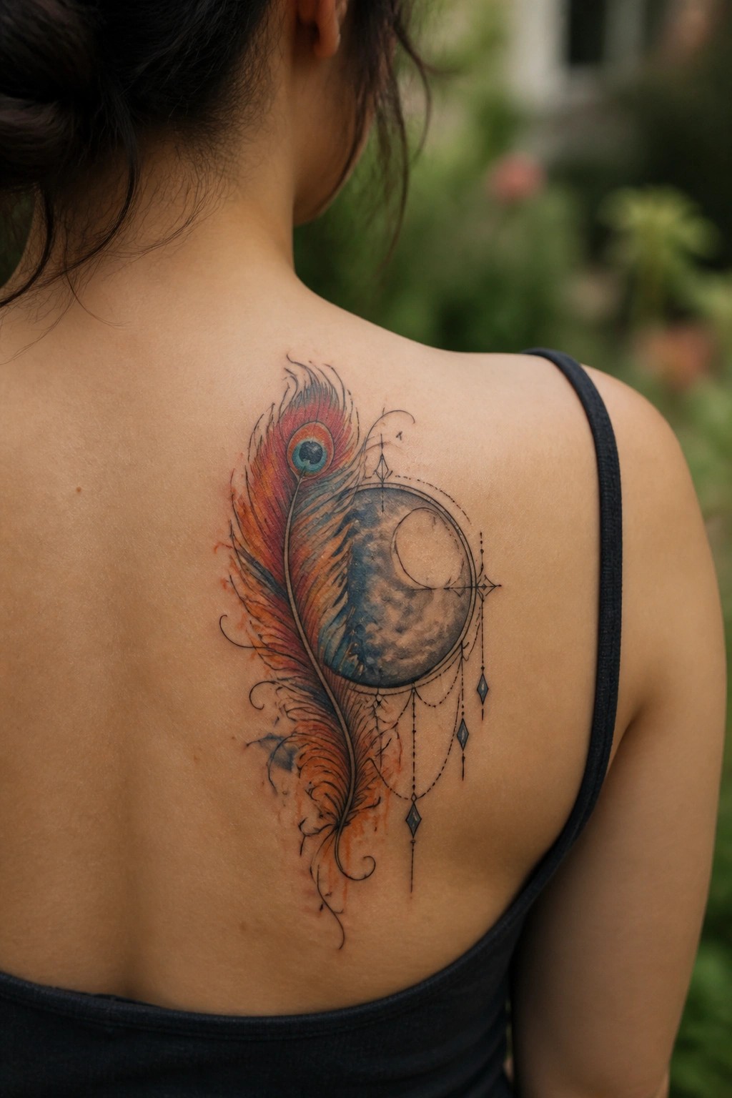 Watercolor tattoo of a colorful peacock feather blending into a cloudy moon on a woman's upper back, with delicate hanging charms below.