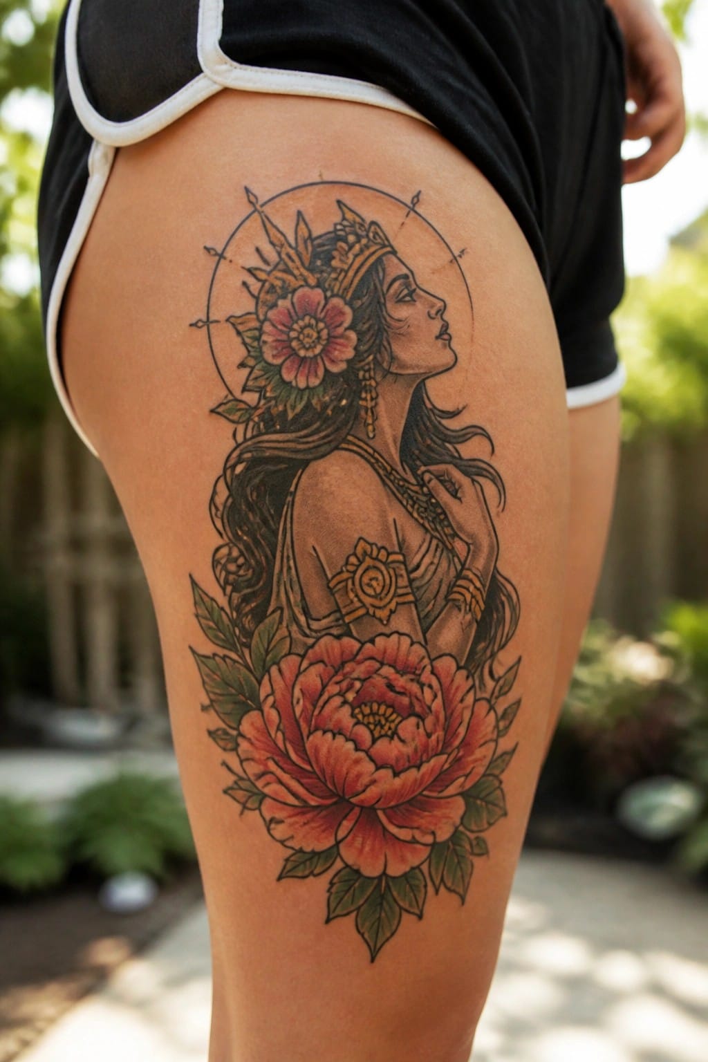 Thigh tattoo of crowned woman with red peonies, wearing black athletic shorts