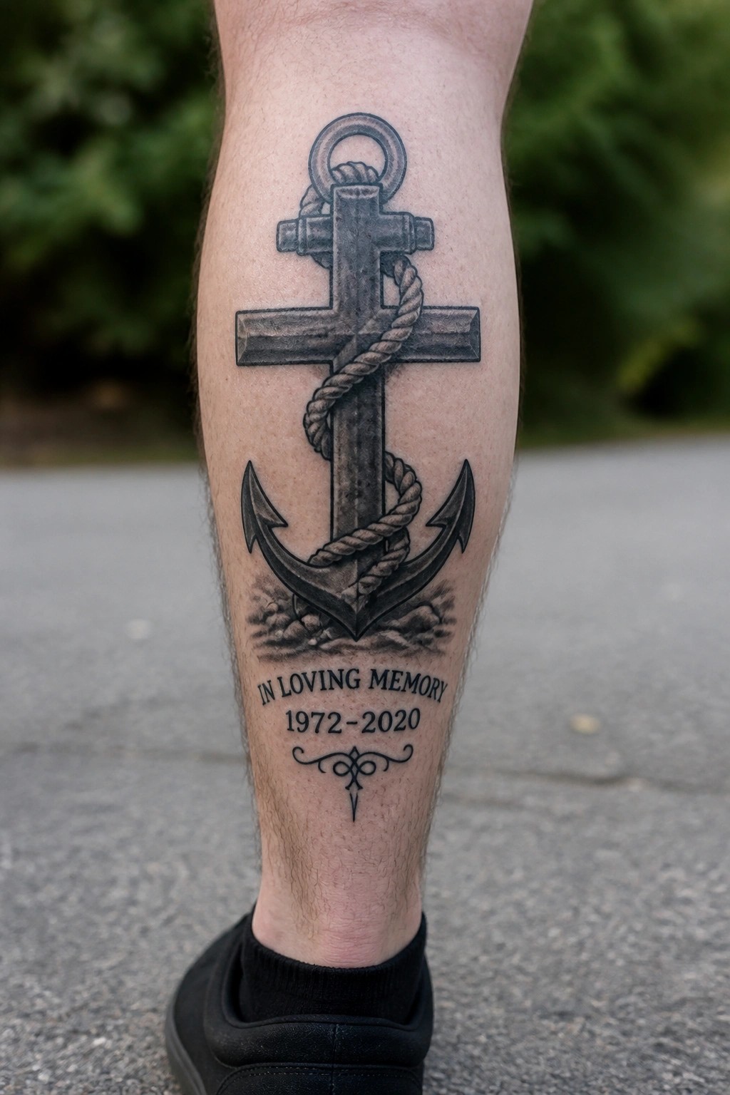 Anchor cross tattoo with rope on leg above black sock, 1972-2020 memorial text