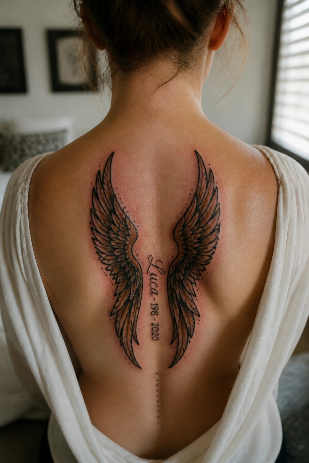 Large angel wings tattoo on woman's back with