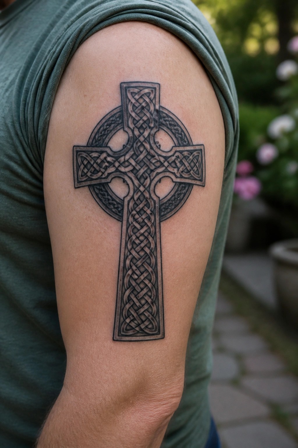 Black and grey Celtic cross tattoo with knotwork on the upper arm.