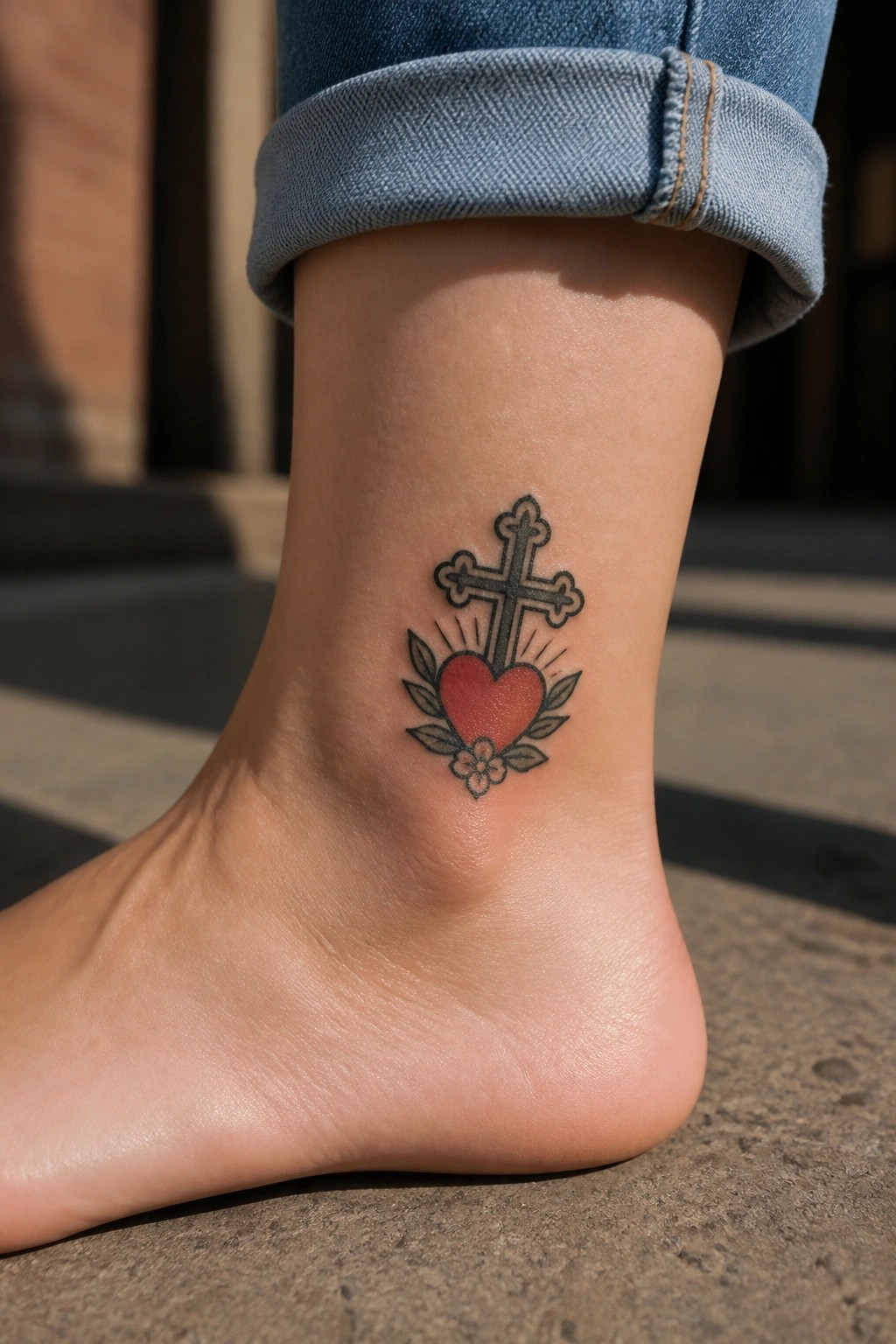 Cross and red heart tattoo with leaves on ankle below cuffed blue jeans.
