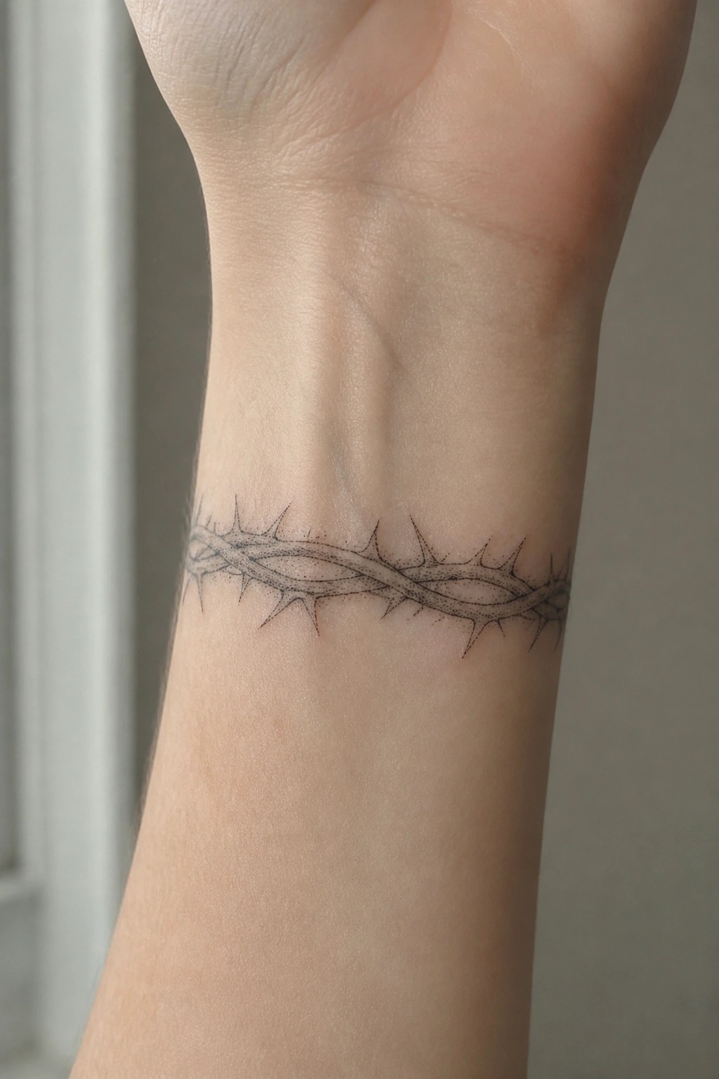 Black crown of thorns tattoo wrapped around a light-skinned wrist.