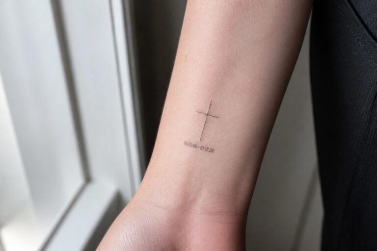19 Thoughtful Biblical Memorial Tattoos to Honor Loved Ones Through Faith Small linework cross tattoo on inner forearm with date 11.09.47 below it