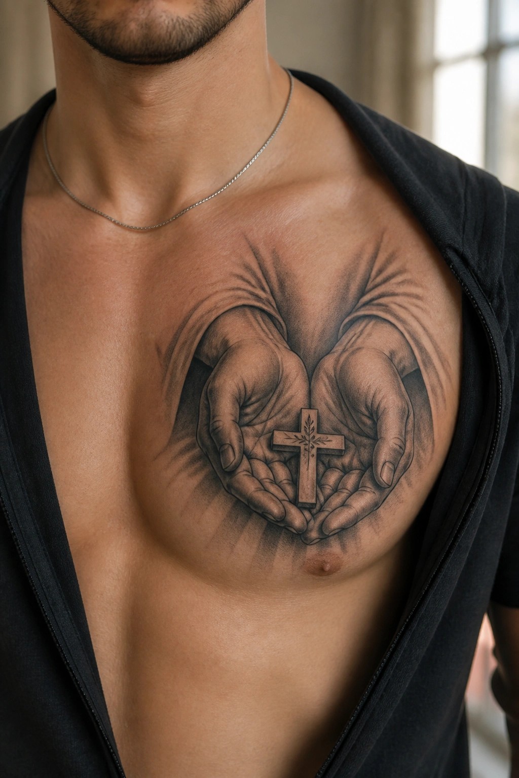 Muscular chest with open black shirt, silver chain, and hands holding cross tattoo.