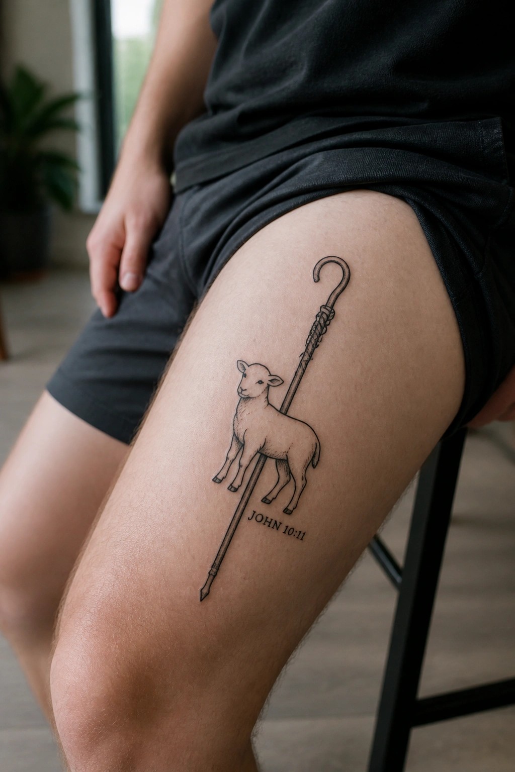 Black line tattoo of a lamb beside a shepherd's crook on the thigh with John 10:11 text below it