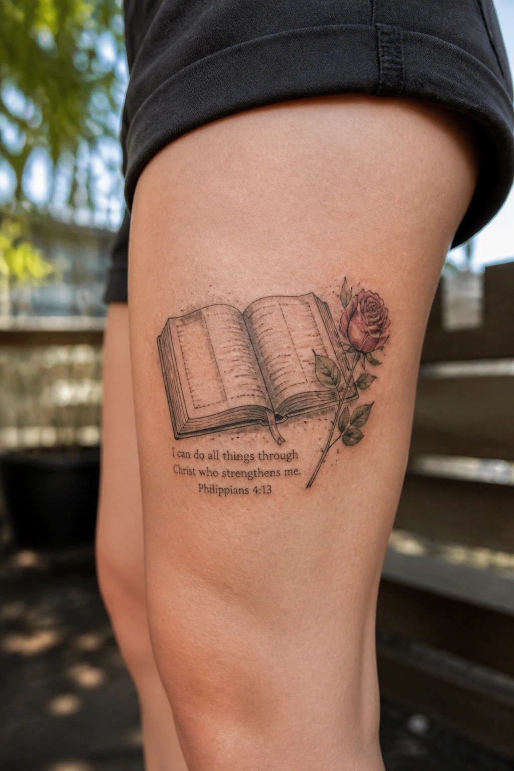 Thigh tattoo of open book, red rose, and Philippians 4:13 verse under black shorts