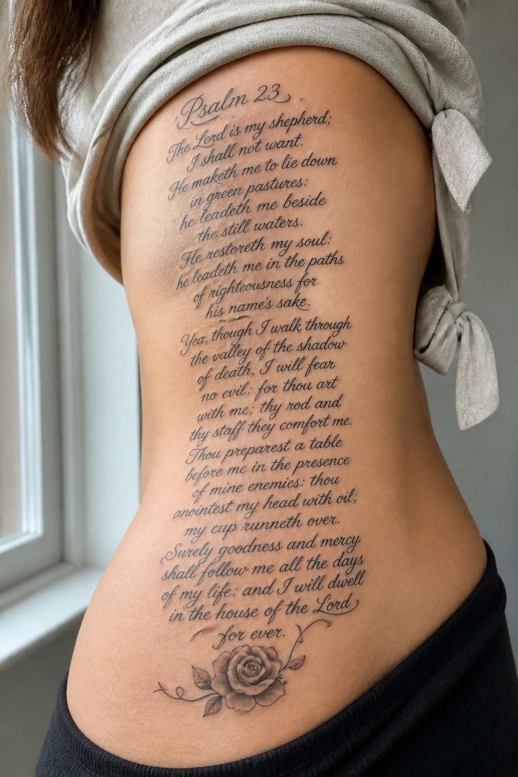 Cursive Psalm 23 tattoo on back with rose below, gray tied top visible.