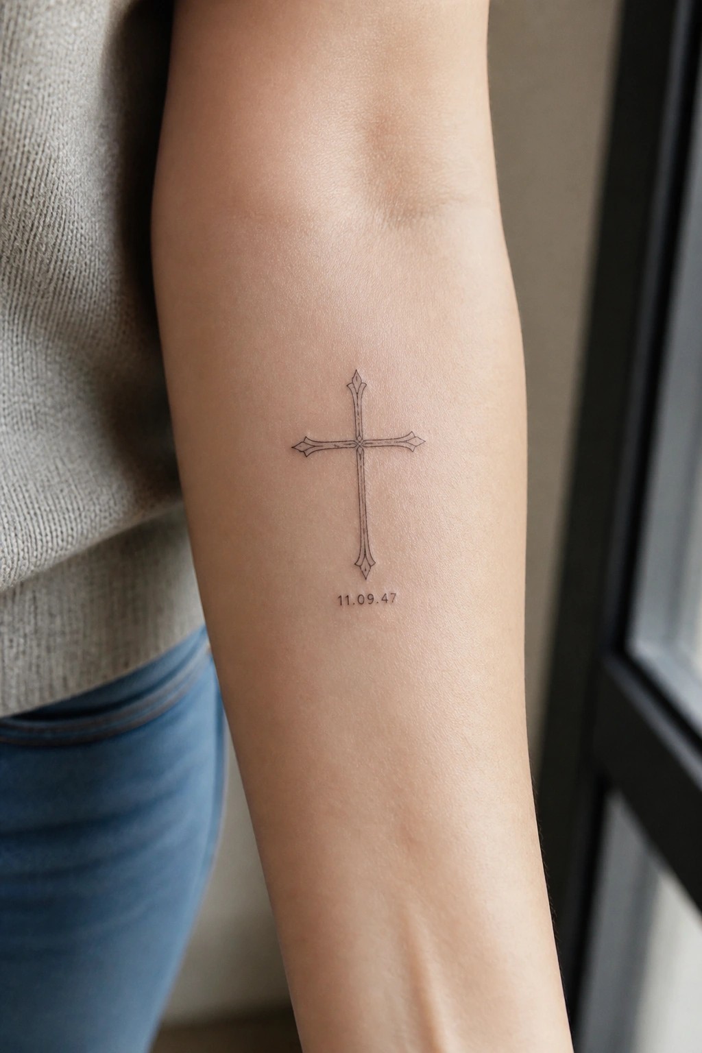 Small linework cross tattoo on inner forearm with date 11.09.47 below it