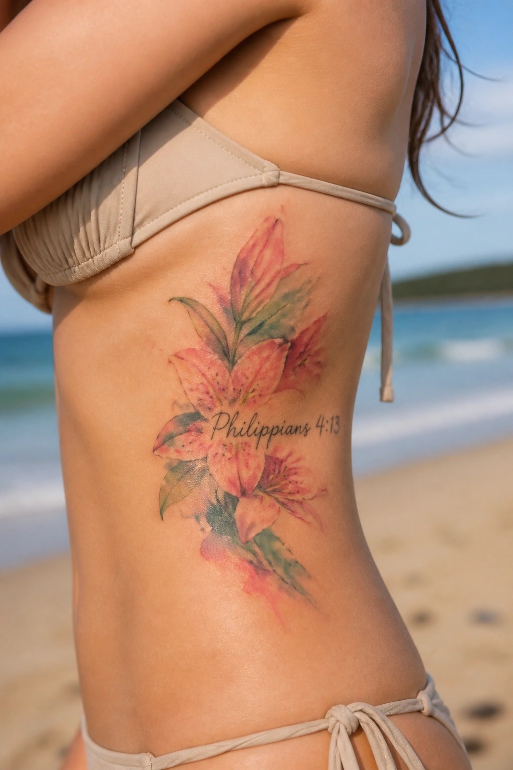 Beige bikini torso with pink watercolor lily tattoo and Philippians 4:13 at beach