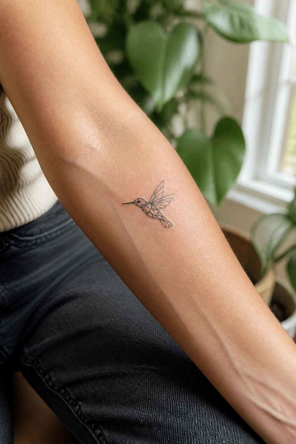 Geometric hummingbird tattoo on forearm beside green houseplants and window
