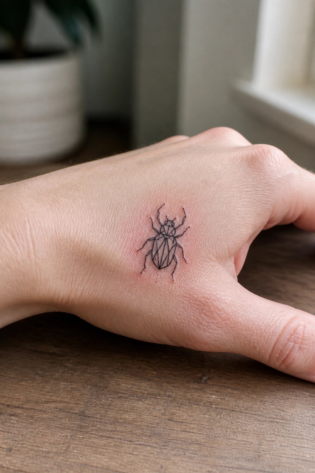Small black line art beetle tattoo on the back of a hand in minimalist geometric style