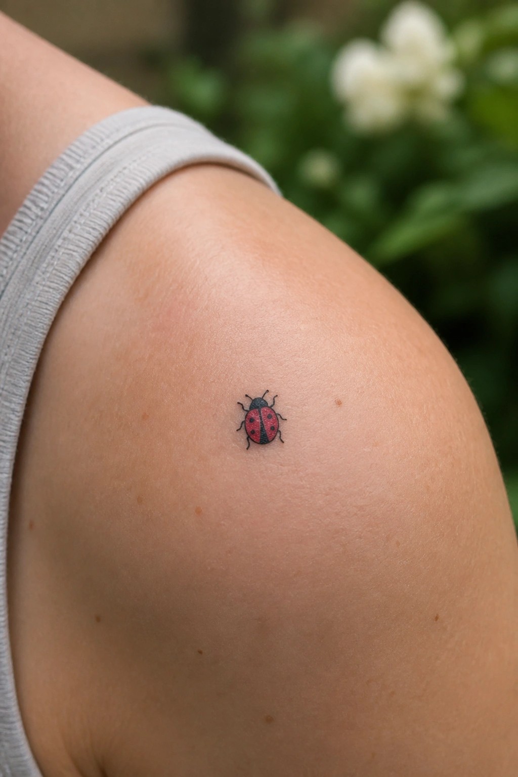 Small red ladybug tattoo on shoulder beside gray tank top strap.