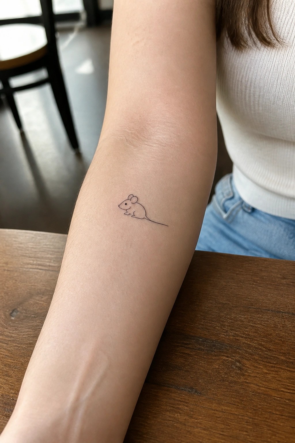 Minimalist line-art mouse tattoo on forearm atop wooden table near white top