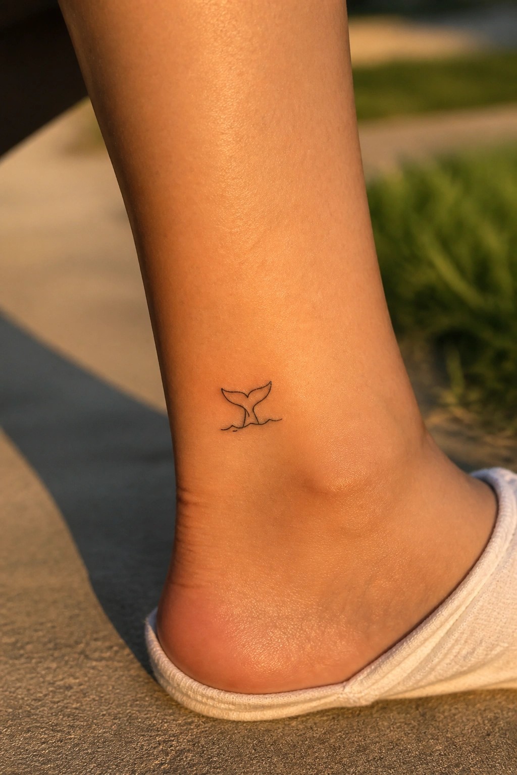Small black whale tail tattoo on tanned ankle above white slide sandal