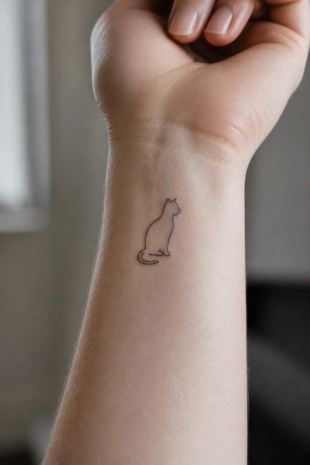 Minimalist line art cat tattoo on the inner wrist