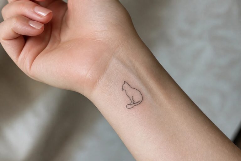 21 Beautiful Small Animal Tattoo Ideas for Minimalist Ink Lovers Minimalist line art cat tattoo on the inner wrist