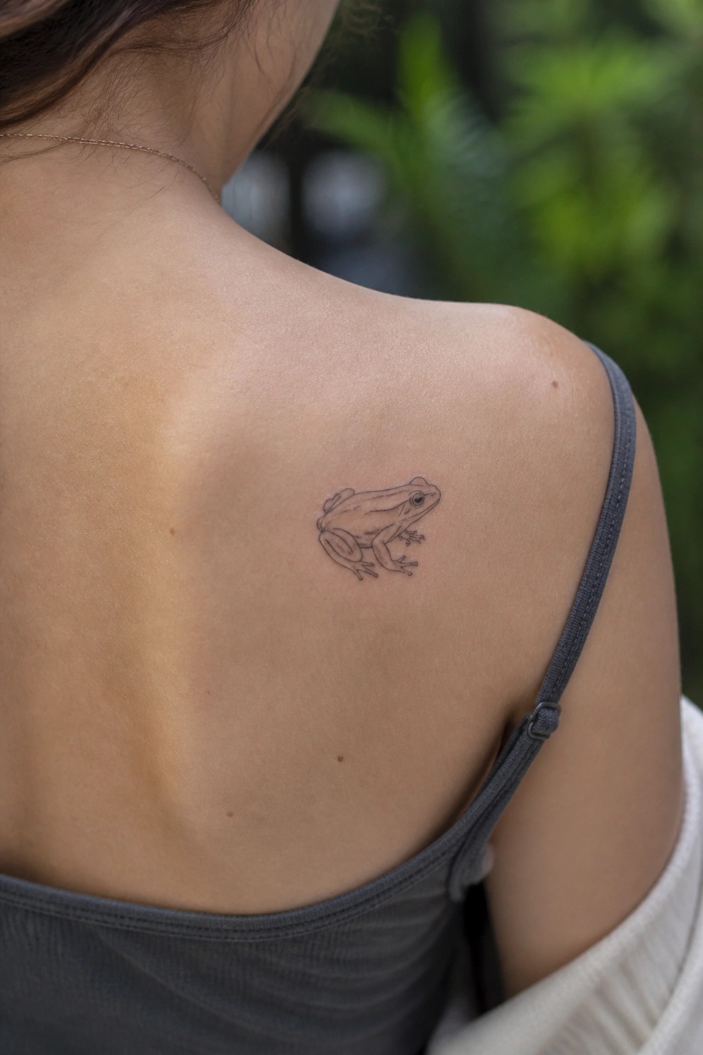 Small fine line frog tattoo on the upper back near the shoulder