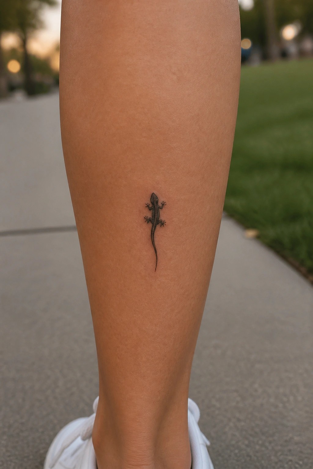 Small fine line black ink lizard tattoo on the lower leg above the ankle.