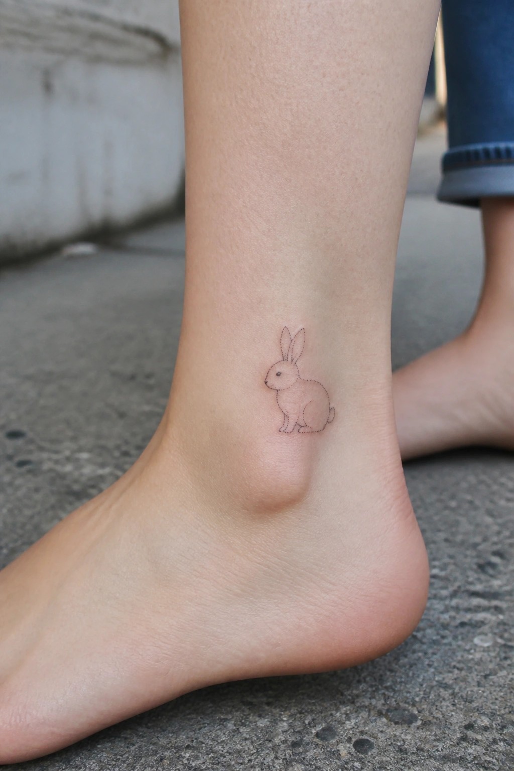 Bare foot with minimalist rabbit tattoo on inner ankle over pavement