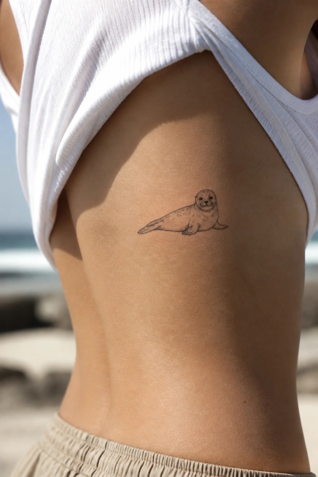 Seal tattoo on skin beneath lifted white tank top near ocean