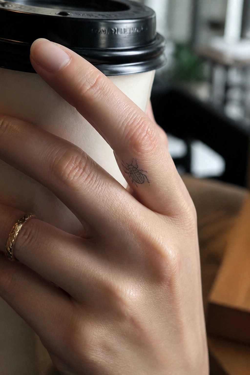 Hand with gold ring and small beetle tattoo holding coffee cup with black lid
