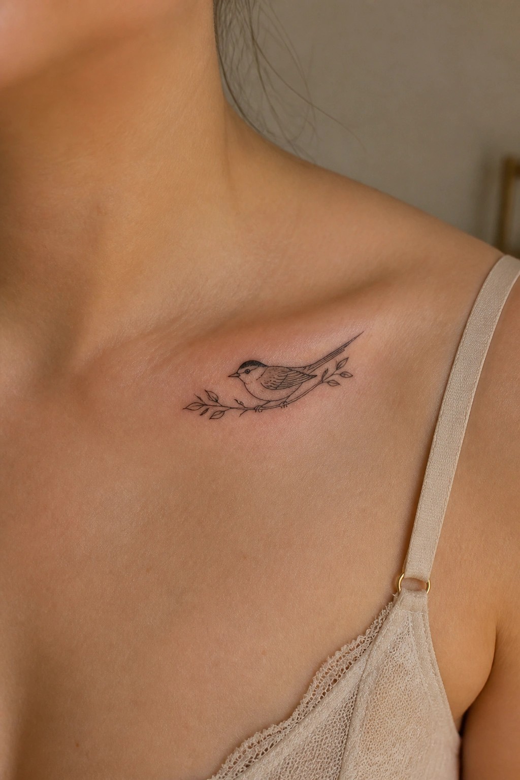 Black bird tattoo on branch near collarbone over beige lace bra
