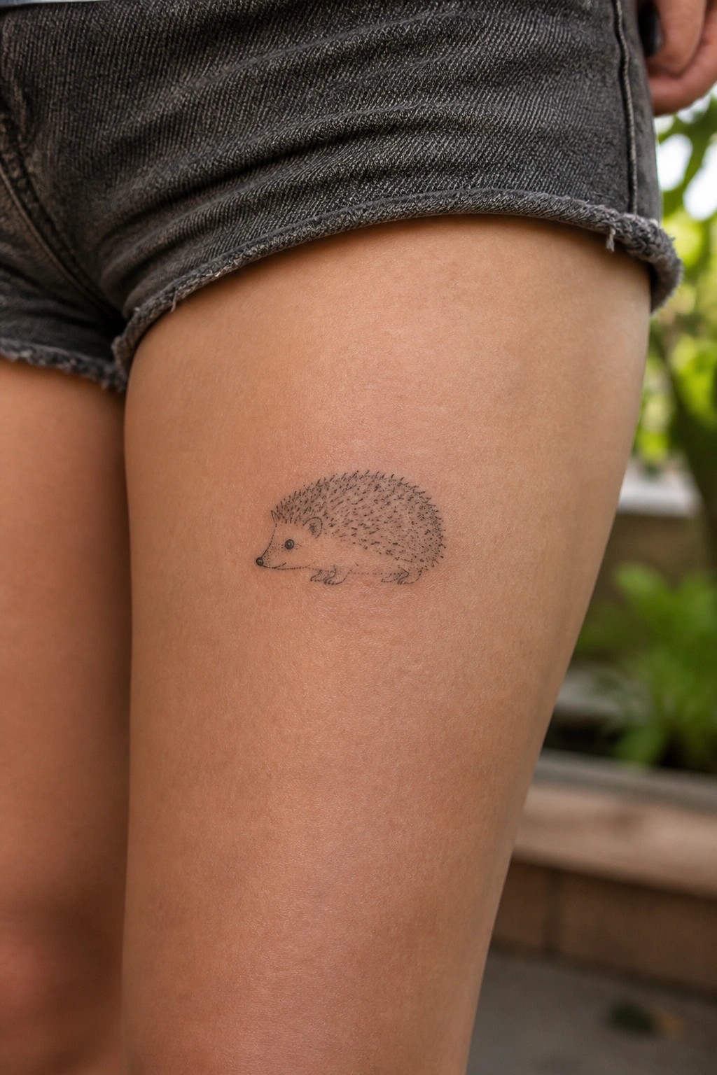 Hedgehog tattoo on thigh beneath frayed gray denim shorts.