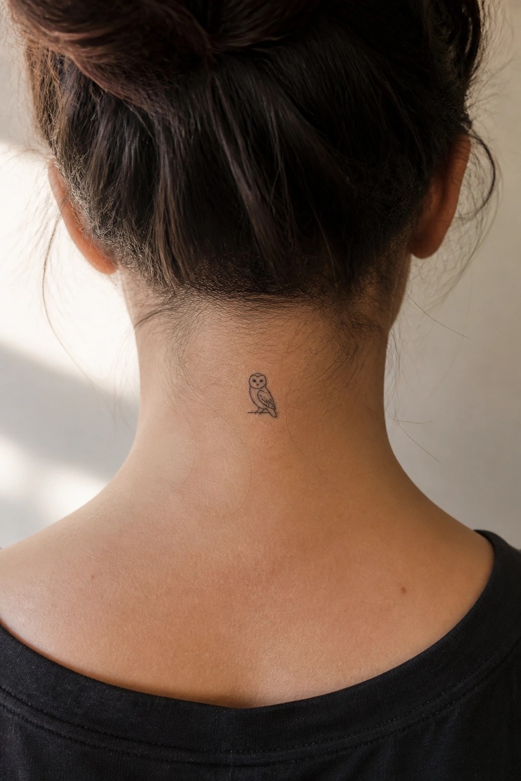 Woman with dark bun shows small owl tattoo on neck above black top