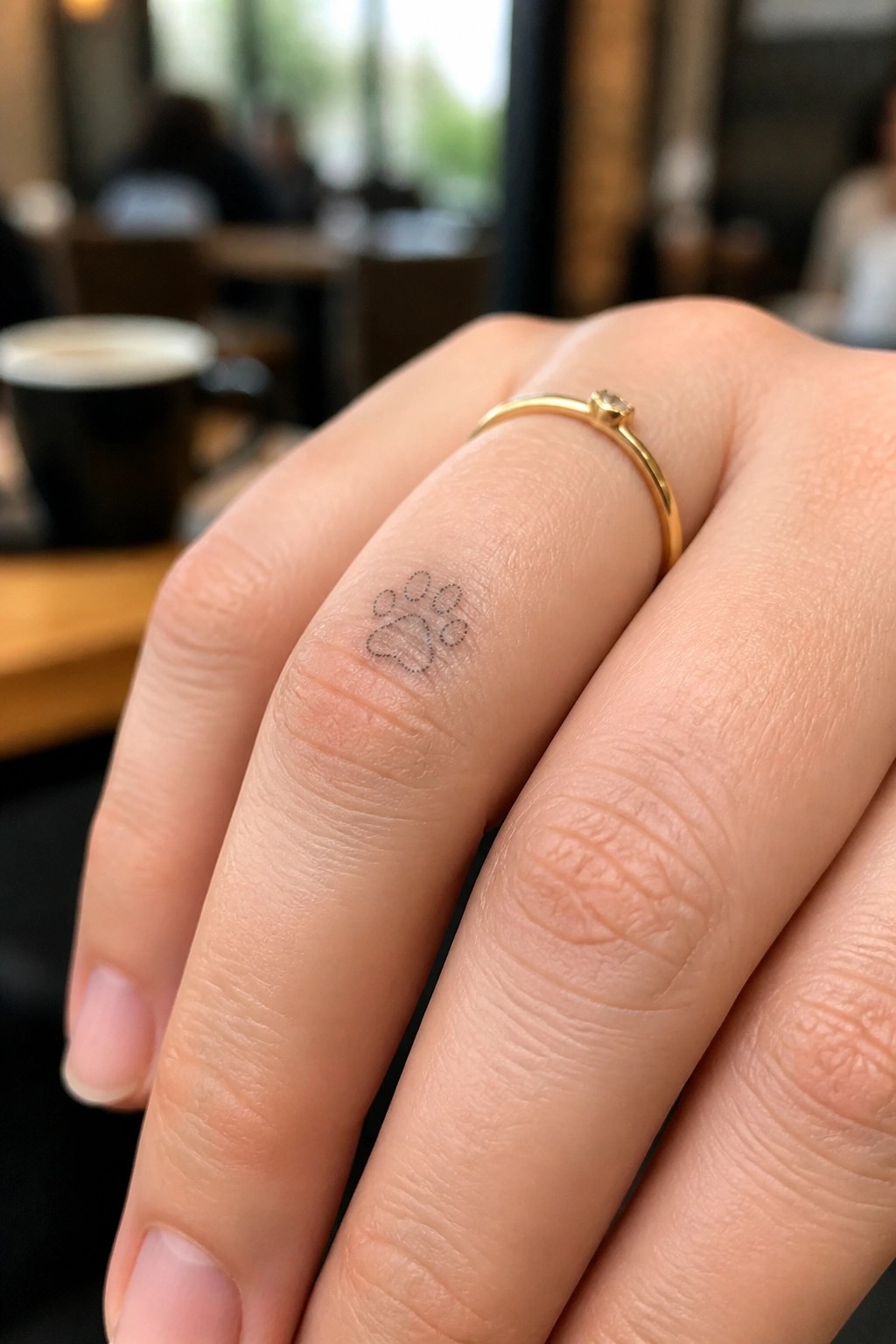 Close-up of fingers with paw print tattoo and thin gold ring with diamond.