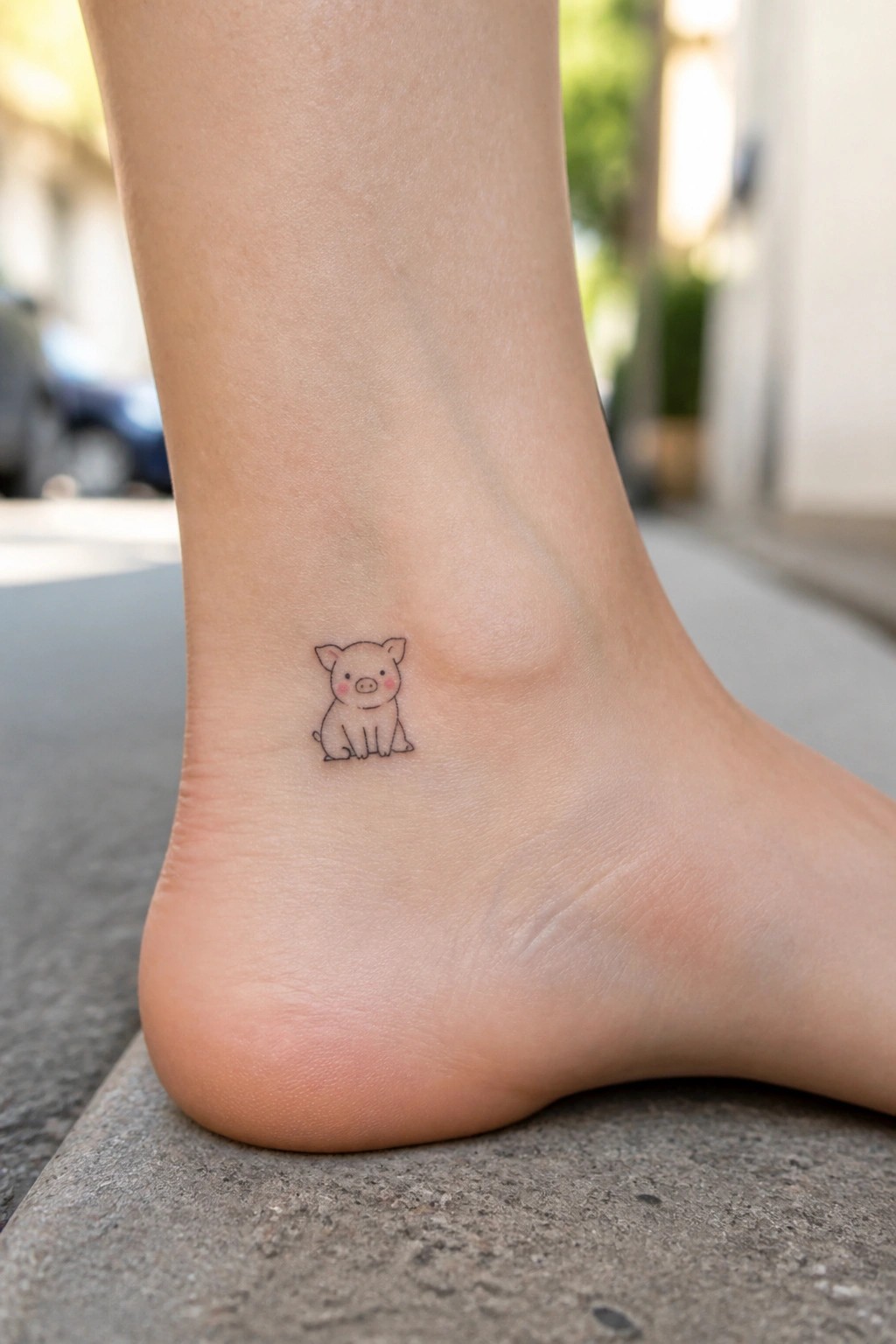 Tiny pink cartoon pig tattoo on bare ankle above the heel