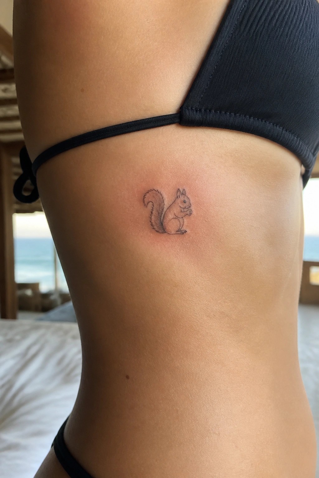 Small minimalist squirrel tattoo on the side of the torso below a black bikini top.