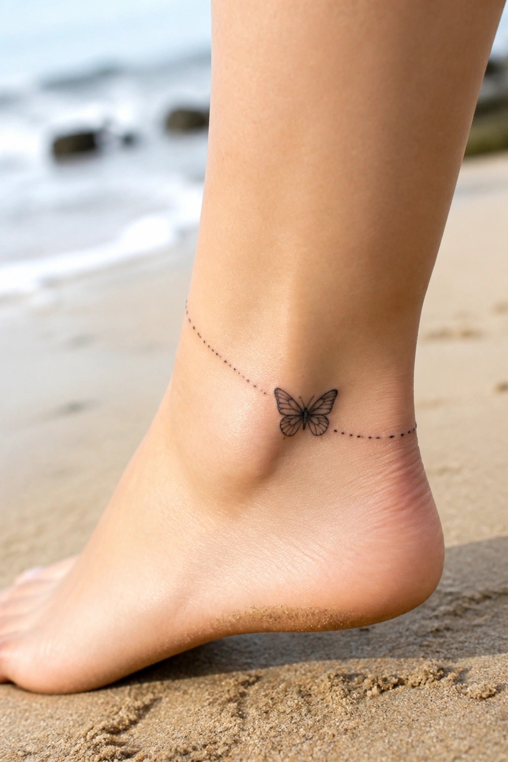 Small fine line butterfly tattoo on the ankle with dotted lines extending on both sides, shown on a person's foot at the beach.