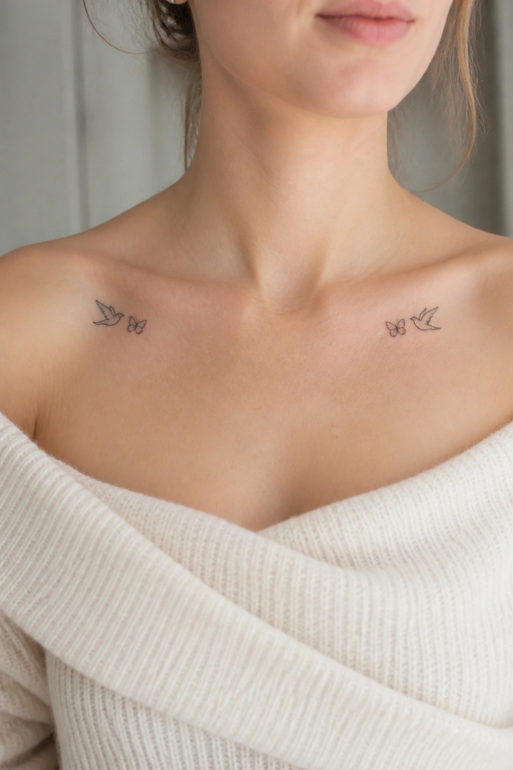 Woman's shoulders with bird and butterfly tattoos above off-shoulder white sweater