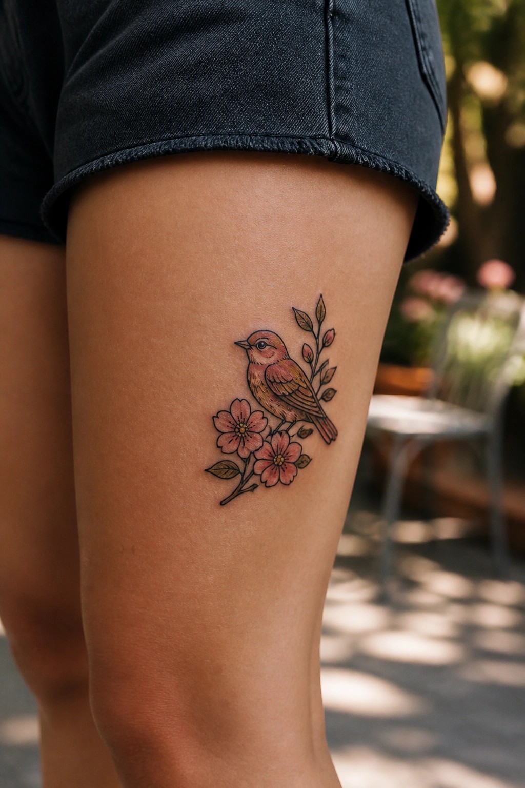 Small bird and flower tattoo on the thigh with pink blossoms and leaves in a soft illustrative style.