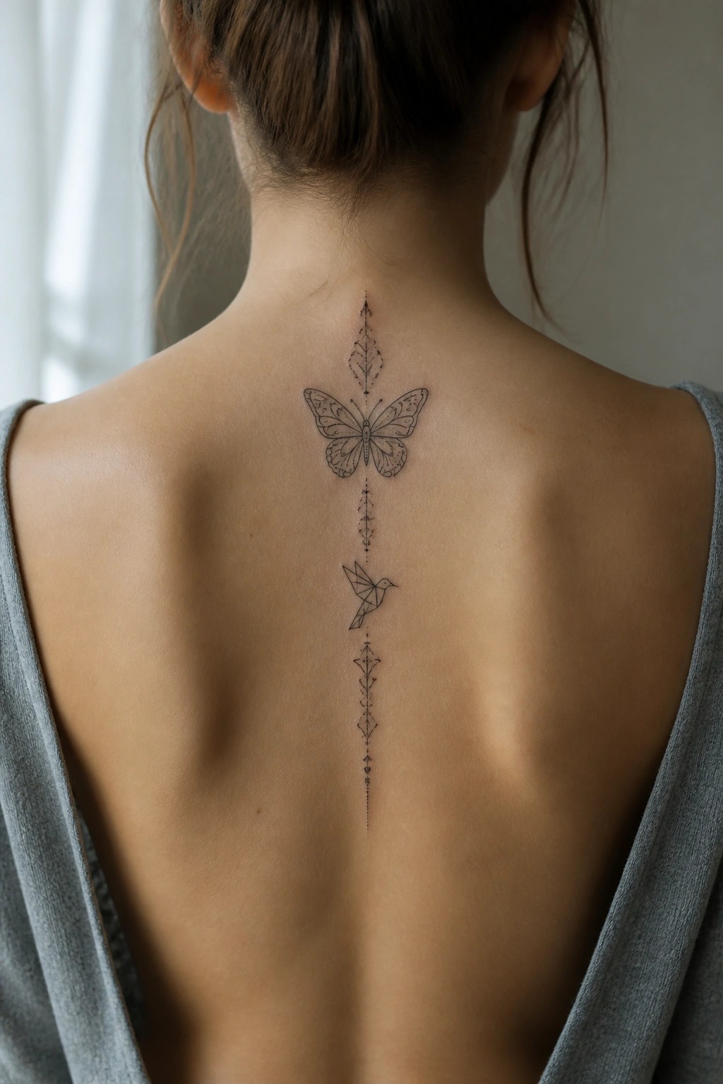 Woman's back with black butterfly and geometric bird spine tattoo in gray top