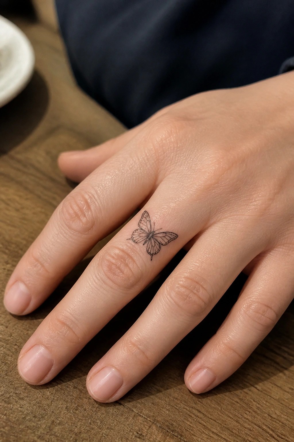 Hand with small butterfly tattoo on ring finger resting on wooden surface