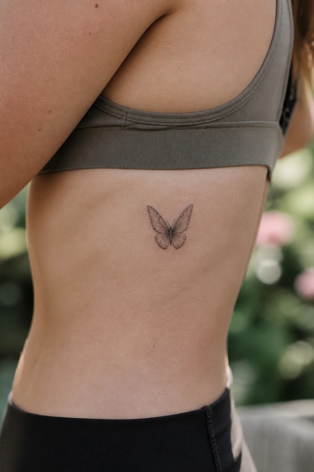 Woman's side torso with butterfly tattoo below gray sports bra on ribcage