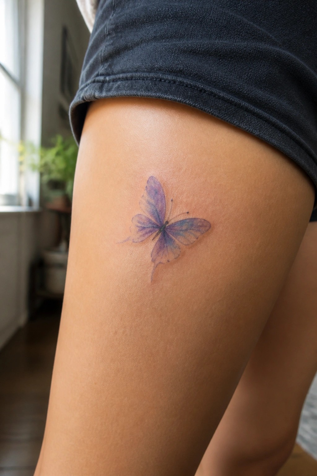 Small watercolor butterfly tattoo in purple and blue tones on the upper thigh