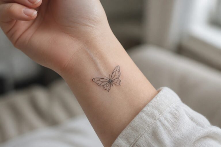 21 Charming Small Butterfly and Bird Tattoos for Women That Feel Light and Graceful Delicate black butterfly tattoo on wrist above light beige sleeve cuff
