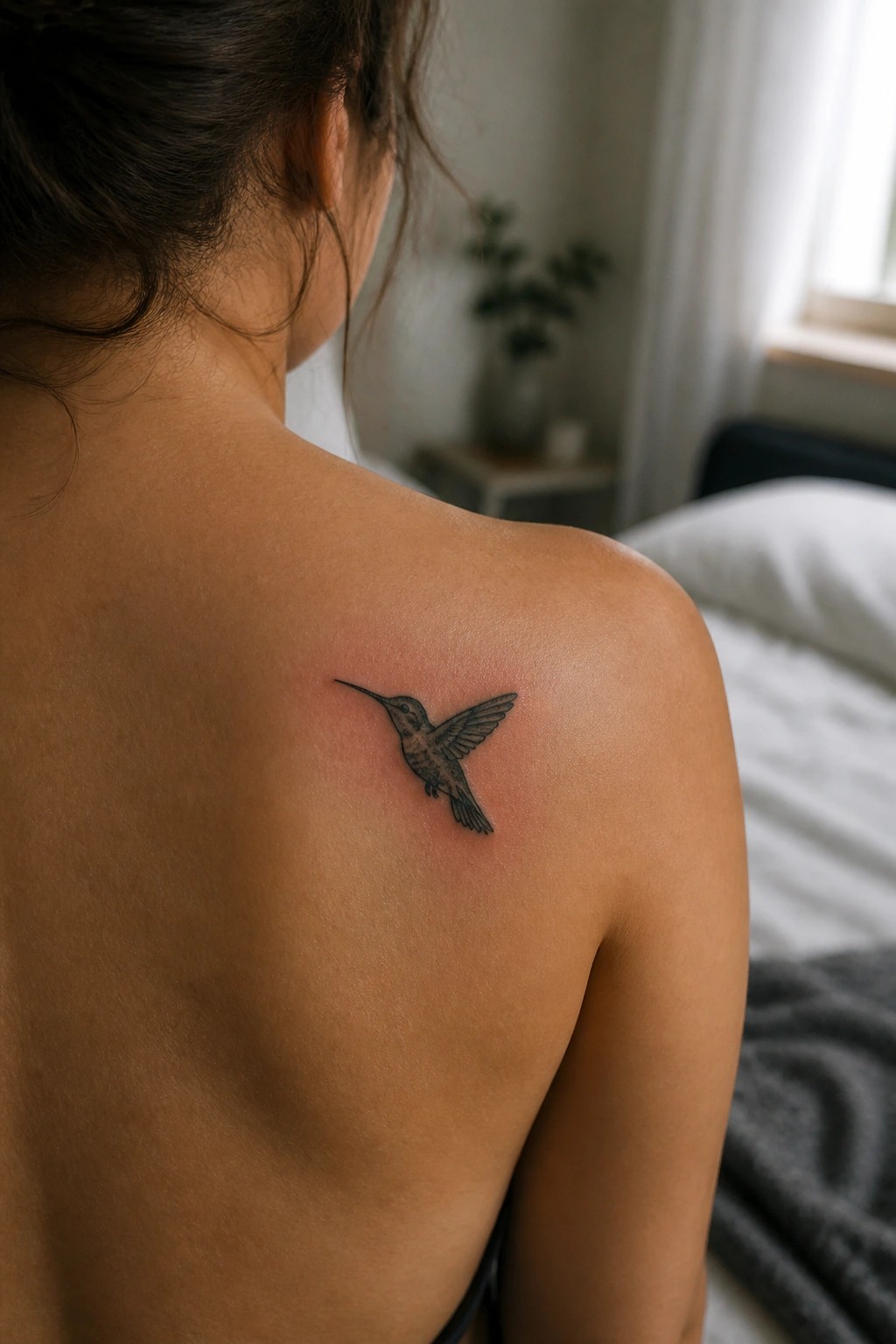 Bare back of woman with black hummingbird tattoo on shoulder in bedroom