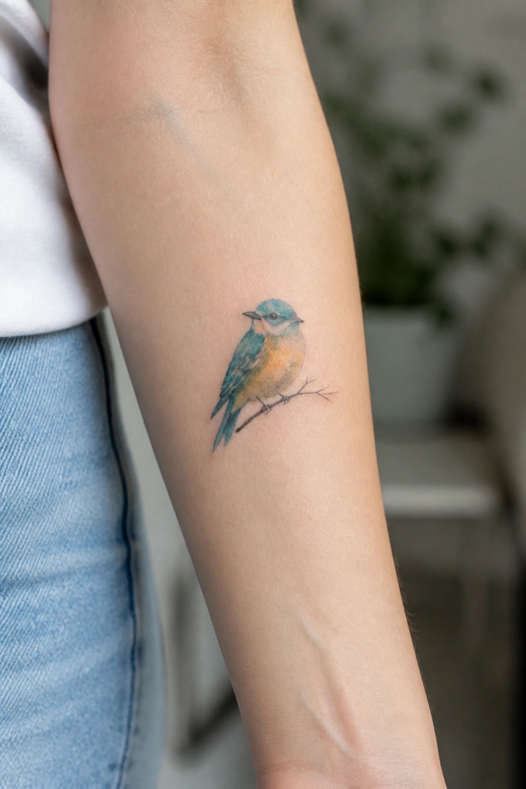 Small watercolor bird tattoo on the inner forearm perched on a thin branch with soft blue and orange tones